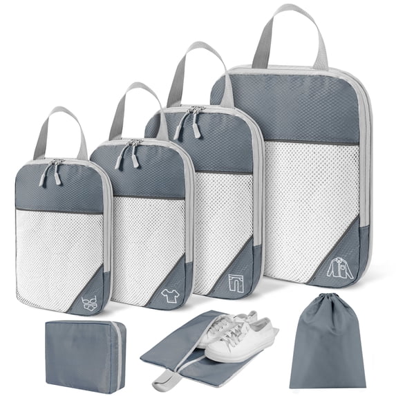 Compression Packing Cubes, 7 Set Travel Organizer Bags for Luggage with Shoe Bag, Expandable Storage for Suitcases Travel, Gray