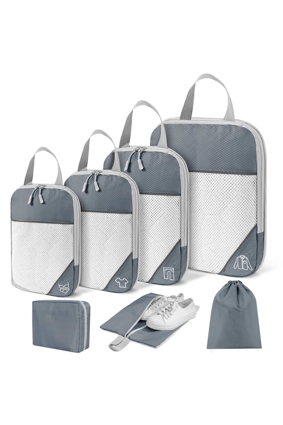 Compression Packing Cubes, 7 Set Travel Organizer Bags for Luggage with Shoe Bag, Expandable Storage for Suitcases Travel, Gray