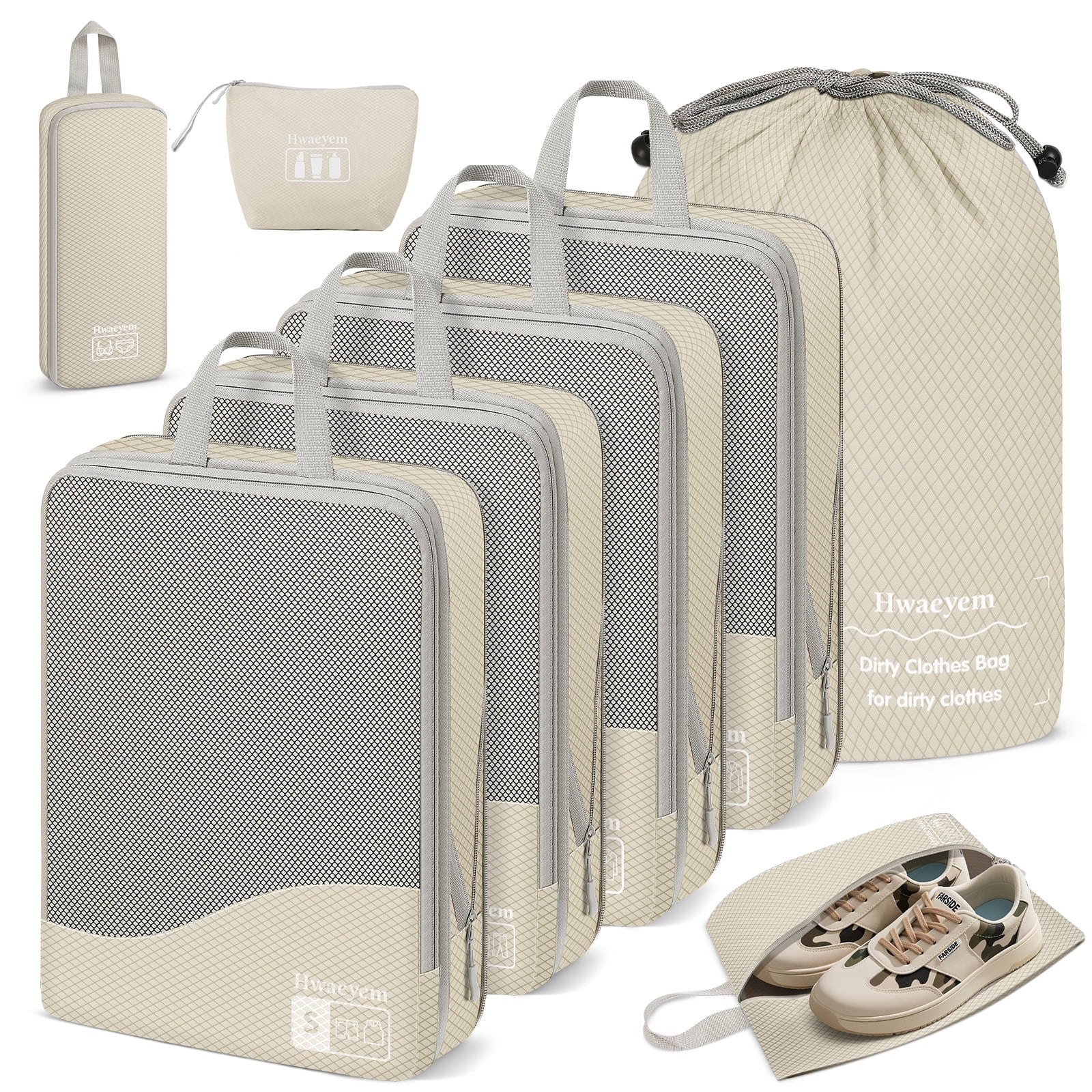 Compression Packing Cubes 8 Set, Dual Zipper Compression Packing Cubes for Travel, See-Through Mesh Packing Bags for Suitcases, packing cubes with shoe bag (Beige)