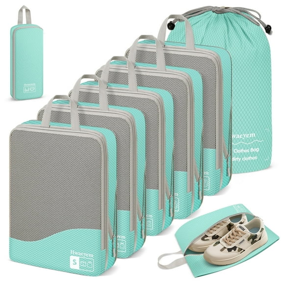 Compression Packing Cubes 8 Set, Dual Zipper Compression Packing Cubes for Travel, See-Through Mesh Packing Bags for Suitcases, packing cubes with shoe bag