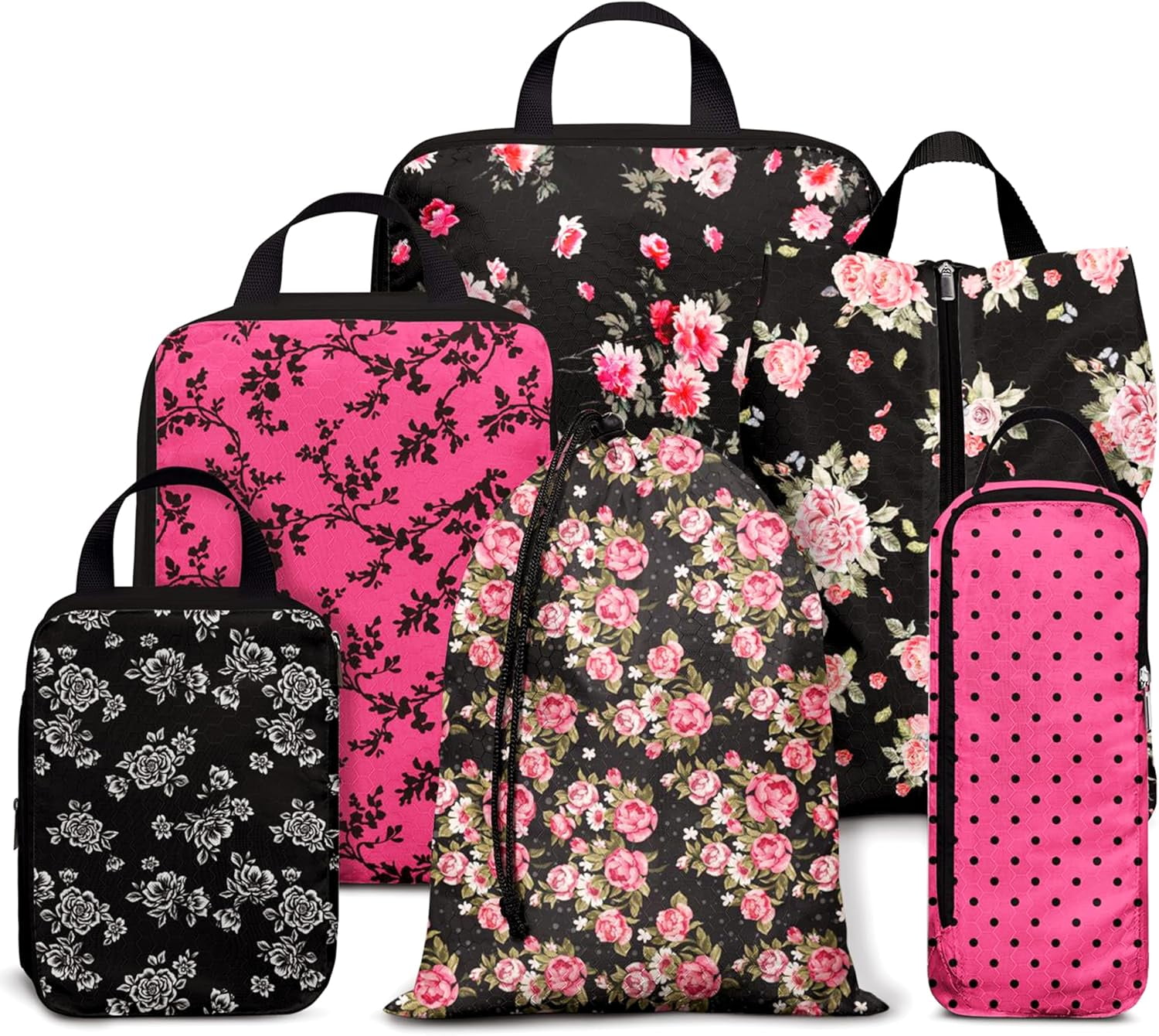 Compression Packing Cubes for Suitcases, 6 Set Travel Luggage Organizer Bags, Lightweight Waterproof Smell Proof Black Floral Packing Cubes as Travel Accessories for Women