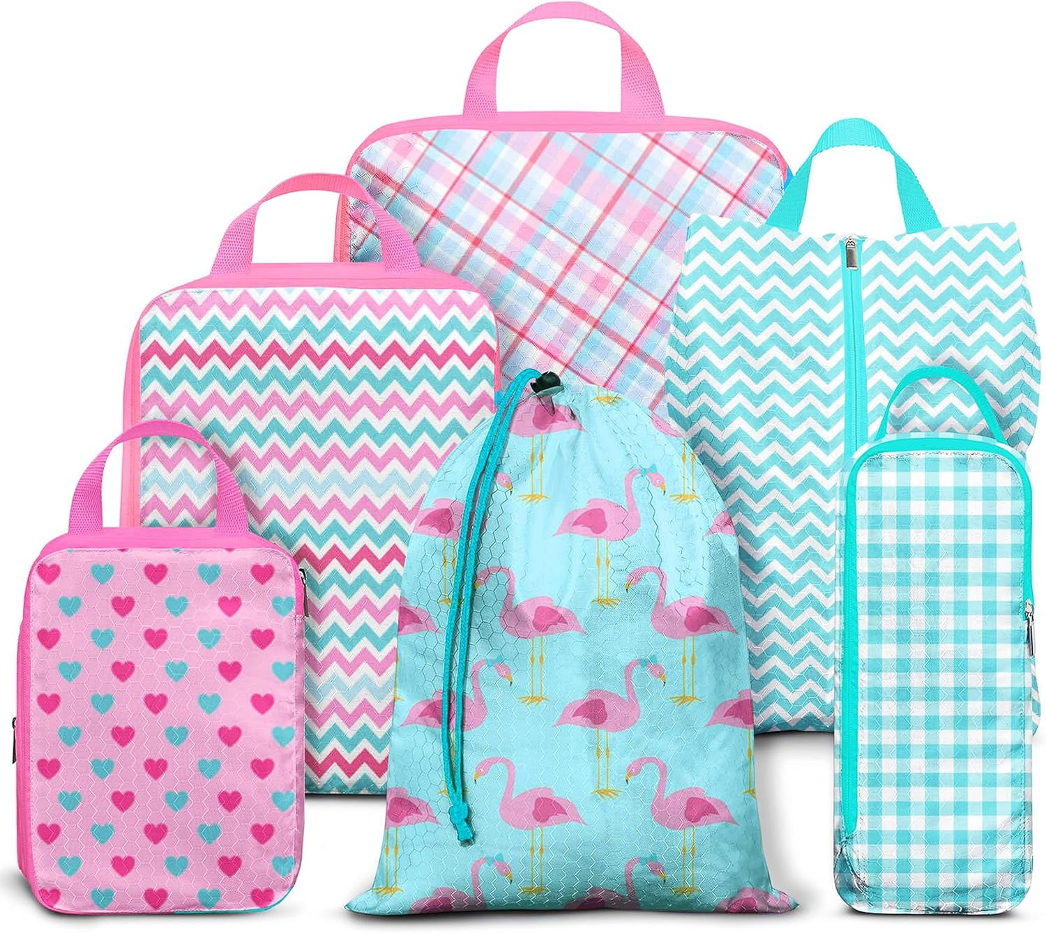 Compression Packing Cubes for Suitcases, 6 Set Travel Luggage Organizer Bags, Lightweight Waterproof Smell Proof Flamingo Packing Cubes as Travel Accessories for Women
