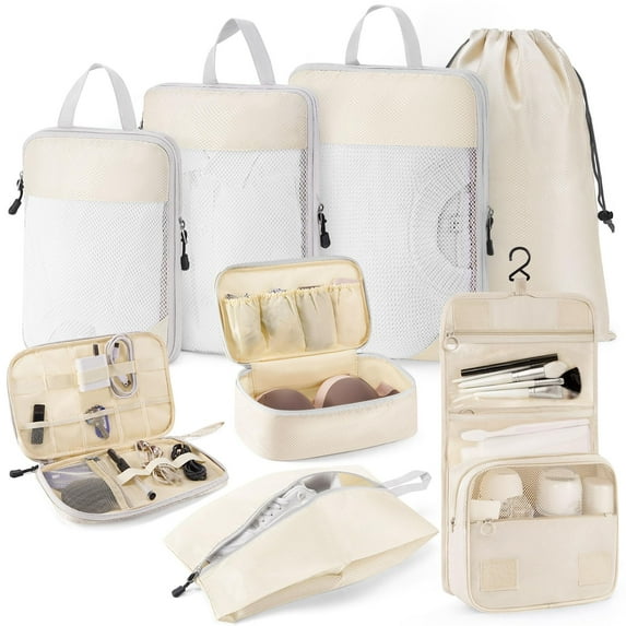 Compression Packing Cubes for Suitcases 8 Set, Mesh Expandable Luggage Packing Organizers for Travel, Travel Accessories With Shoes Bag/Laundry Bag/Underwear Bag/Cosmetic Bag, Beige