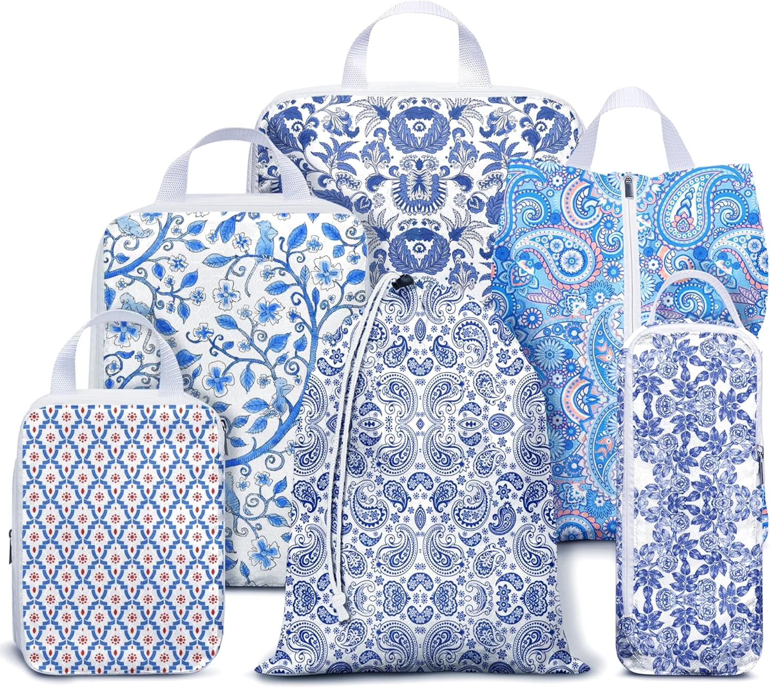 Compression Packing Cubes for Suitcases, 8 Set Travel Luggage Organizer Bags, Lightweight Waterproof Smell Proof Blue Pottery & Paisley Packing Cubes as Travel Accessories for Women