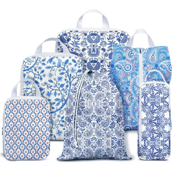 Compression Packing Cubes for Suitcases, 8 Set Travel Luggage Organizer Bags, Lightweight Waterproof Smell Proof Blue Pottery & Paisley Packing Cubes as Travel Accessories for Women