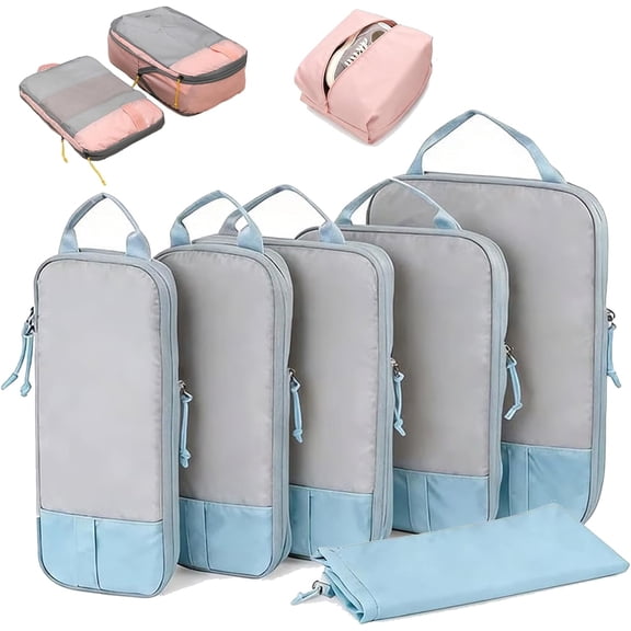 Compression Packing Cubes for Travel, 6-Piece Expandable Luggage Organizer Bags with Mesh Top, Lightweight Suitcase Storage Set for Carry-On, Backpack & Cruise(blue)Q