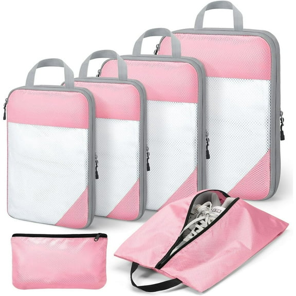 Compression Packing Cubes for Travel Essentials, 7 Set Travel Accessories Expandable Packing Organizers, Luggage Organizer for Travel Carry on Suitcases, Handy Helper for Organizing Clothes, Pink