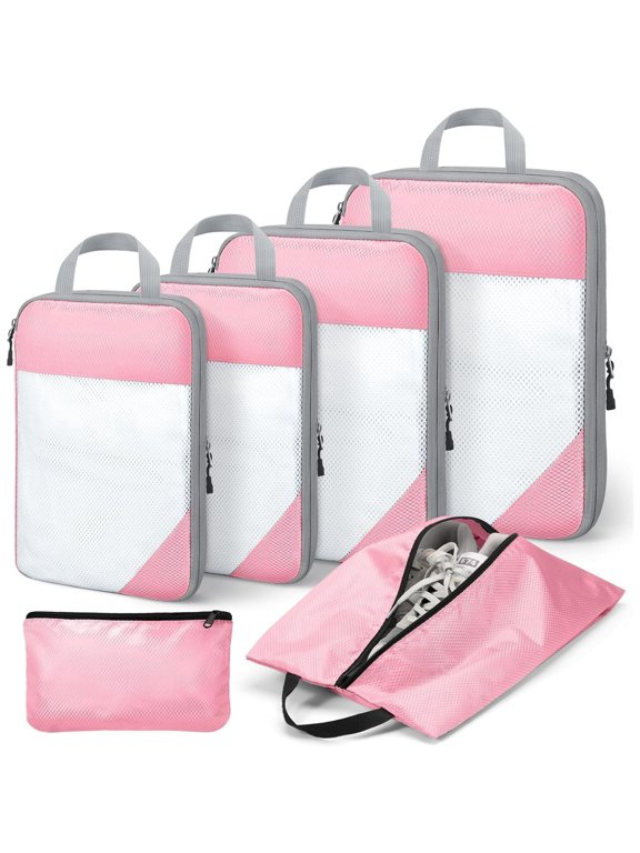 Compression Packing Cubes for Travel Essentials, 7 Set Travel Accessories Expandable Packing Organizers, Luggage Organizer for Travel Carry on Suitcases, Handy Helper for Organizing Clothes, Pink