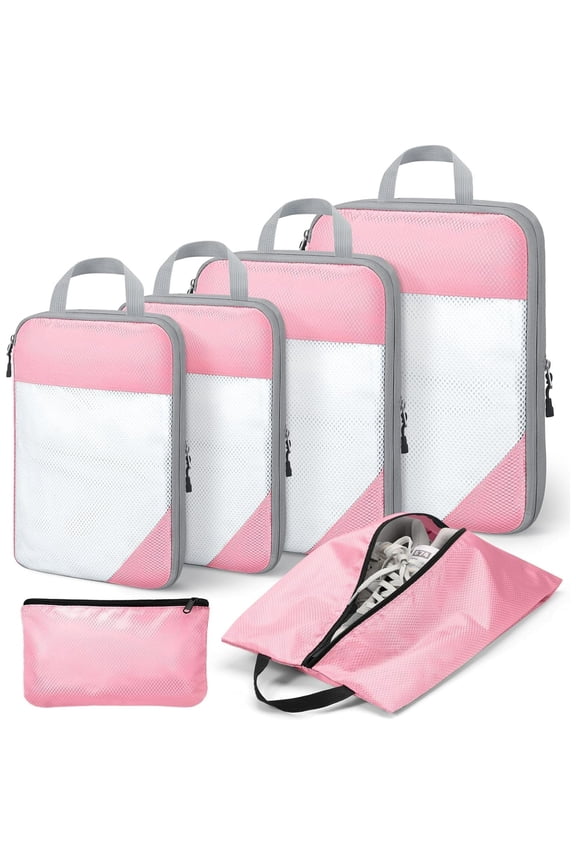 Compression Packing Cubes for Travel Essentials, 7 Set Travel Accessories Expandable Packing Organizers, Luggage Organizer for Travel Carry on Suitcases, Handy Helper for Organizing Clothes, Pink