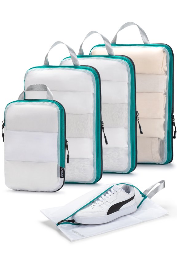 Compression Packing Cubes Travel - See Through Mesh Packing Cubes for Carry-on Suitcases Set Luggage Organizer Bags for Travel Accessories with Shoe Bag 5PCS White