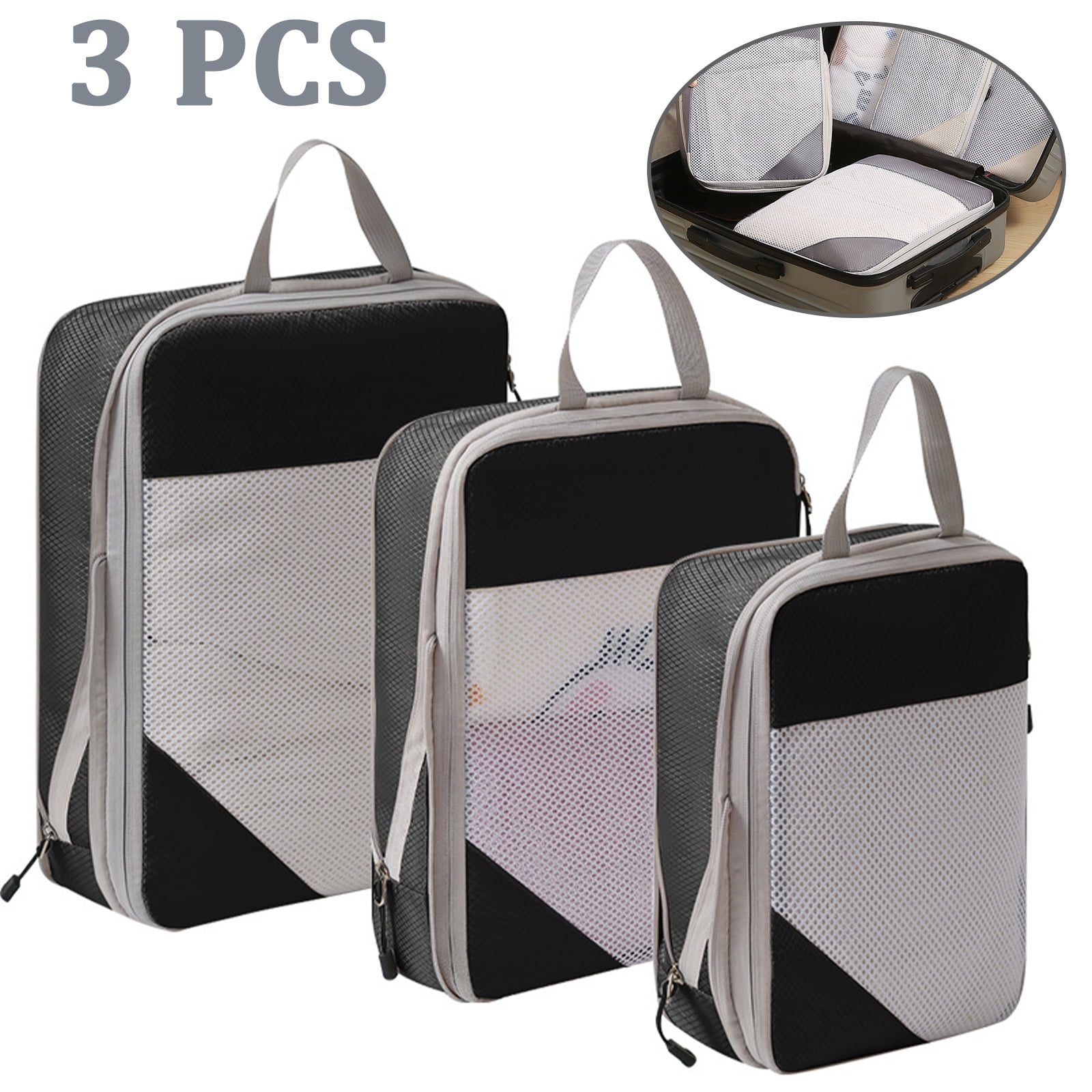 3PCS Compression Packing Cubes Expandable Storage Travel Luggage