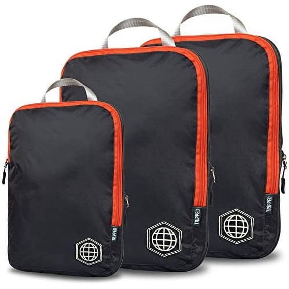 Compression Packing Cubes for Travel - Luggage and Backpack Organizer Packaging Cubes for Clothes (Grey and Orange, 3 Piece Set)