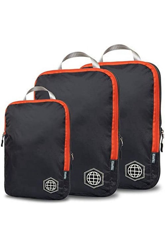 Compression Packing Cubes for Travel - Luggage and Backpack Organizer Packaging Cubes for Clothes (Grey and Orange, 3 Piece Set)