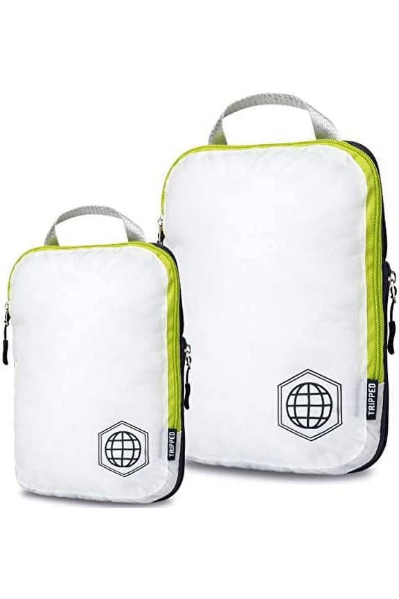 Compression Packing Cubes for Travel - Luggage and Backpack Organizer Packaging Cubes for Clothes (White and Green, 2 Piece Set)