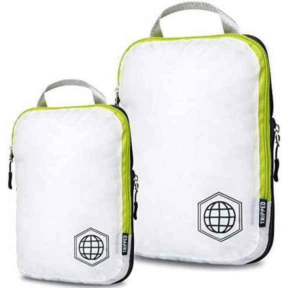 Compression Packing Cubes for Travel - Luggage and Backpack Organizer Packaging Cubes for Clothes (White and Green, 2 Piece Set)