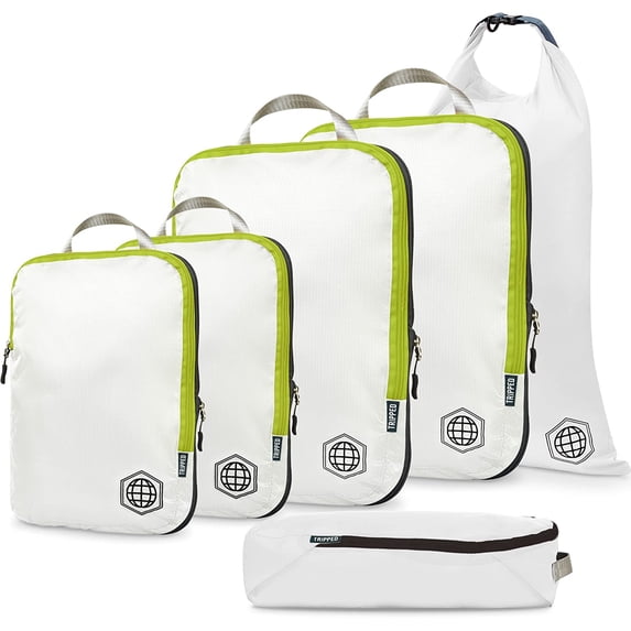 Compression Packing Cubes for Travel - Luggage and Backpack Organizer Packaging Cubes for Clothes (White and Green, 6 Piece Set)
