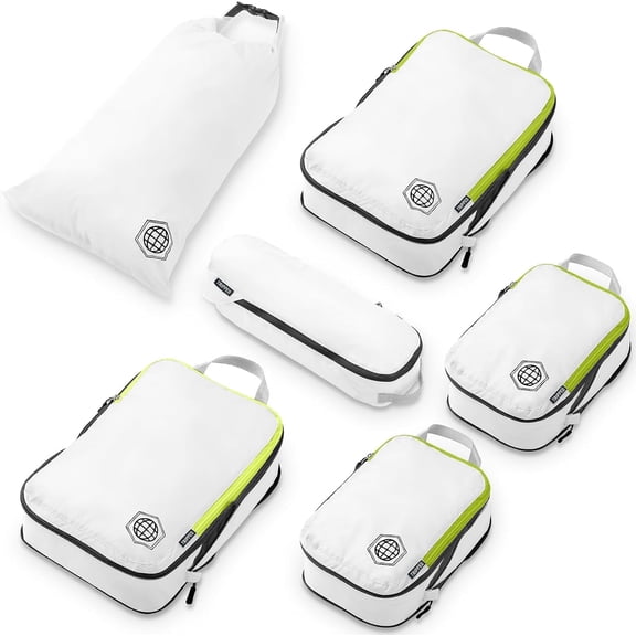 TRIPPED Travel Gear 6-Piece Compression Packing Cubes for Luggage, White and Green