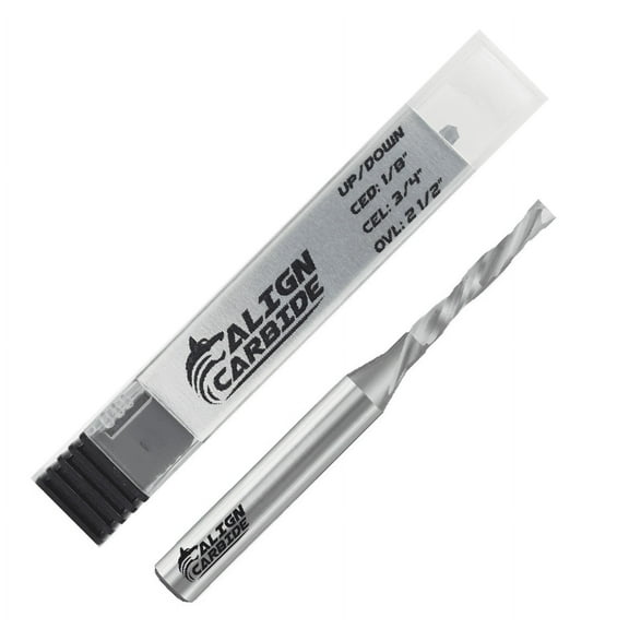 UP Down (Compression) Router Bit, 1/8 Inch Cutting Diameter, 1/4 Inch Shank, Premium Solid Micro Grain Carbide, Spiral Plunge, 2 Flute, Flat Cutting Face, CNC Router Pro-Series Item AC-152.