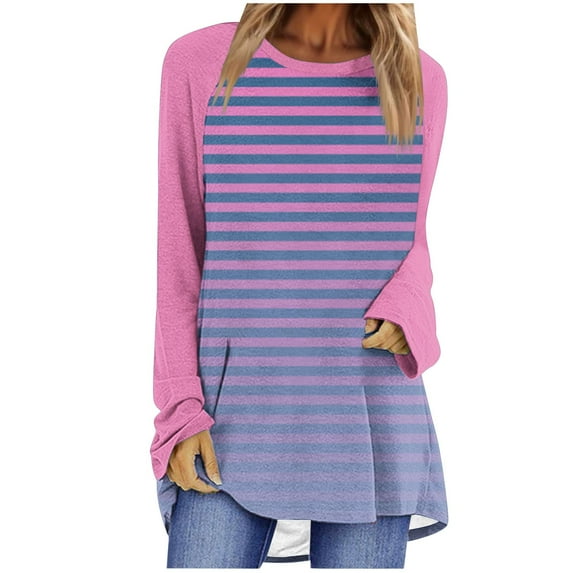Compression Shirt Women Women Striped Oversized Sweatshirt Long Raglan Sleeve Crewneck Pullover Shirts 2024 Fall Pullover Loose Tunic Tops S-107 Hot Pink-A S