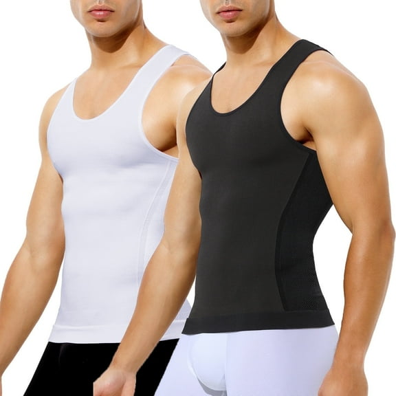 2 Pack Mens Compression Shirt Slimming Body Shaper Gynecomastia Tummy Control Workout Tank Top Undershirt