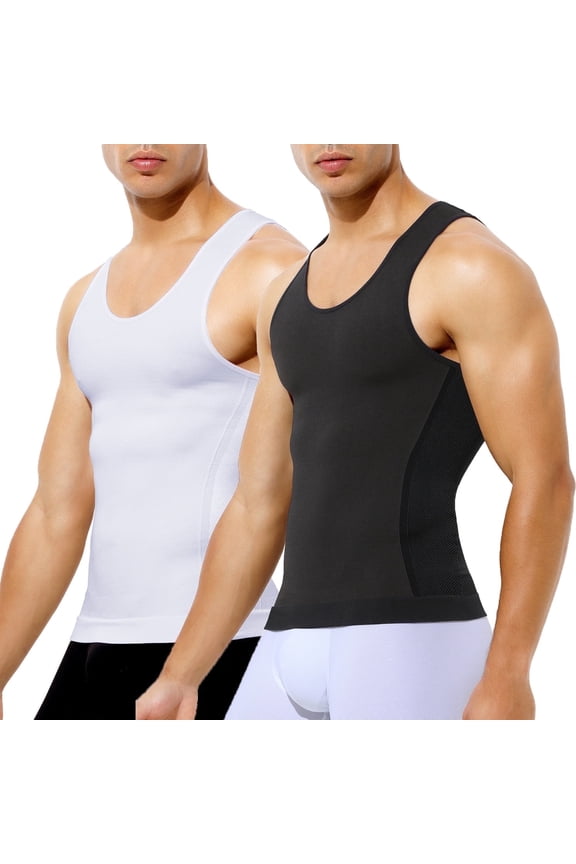 2 Pack Mens Compression Shirt Slimming Body Shaper Gynecomastia Tummy Control Workout Tank Top Undershirt