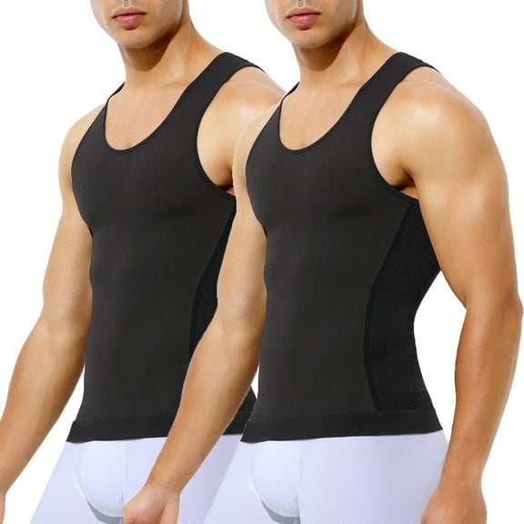 2 Pack Mens Compression Shirt Slimming Body Shaper Gynecomastia Tummy Control Workout Tank Top Undershirt