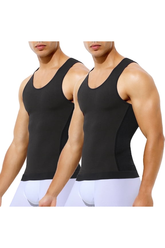 2 Pack Mens Compression Shirt Slimming Body Shaper Gynecomastia Tummy Control Workout Tank Top Undershirt