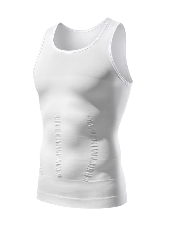 Men's Compression Shirt Stretch Tank Top Undershirt Abdomen Workout Vest, White, AK5315