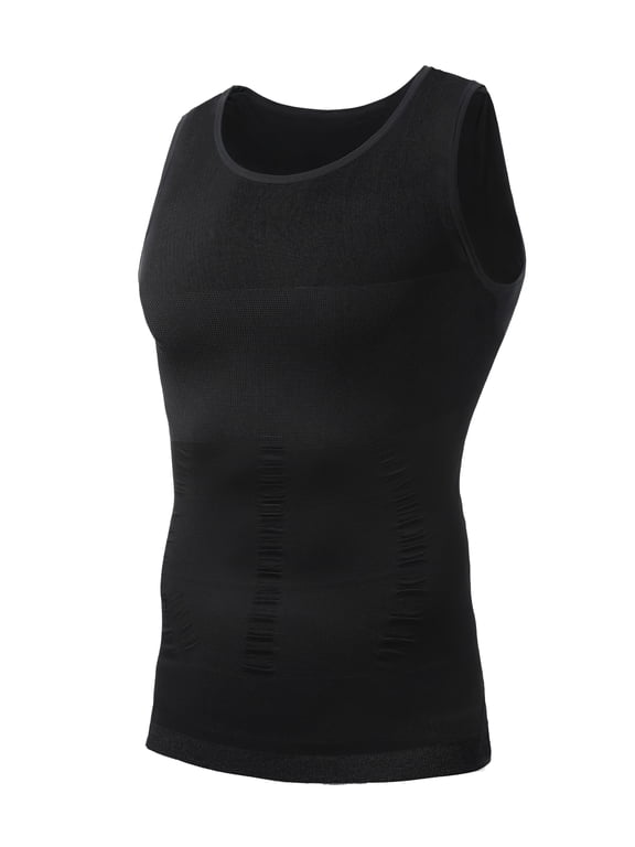 Men's Compression Shirt Stretch Tank Top Undershirt Abdomen Workout Vest, Black, AK5315