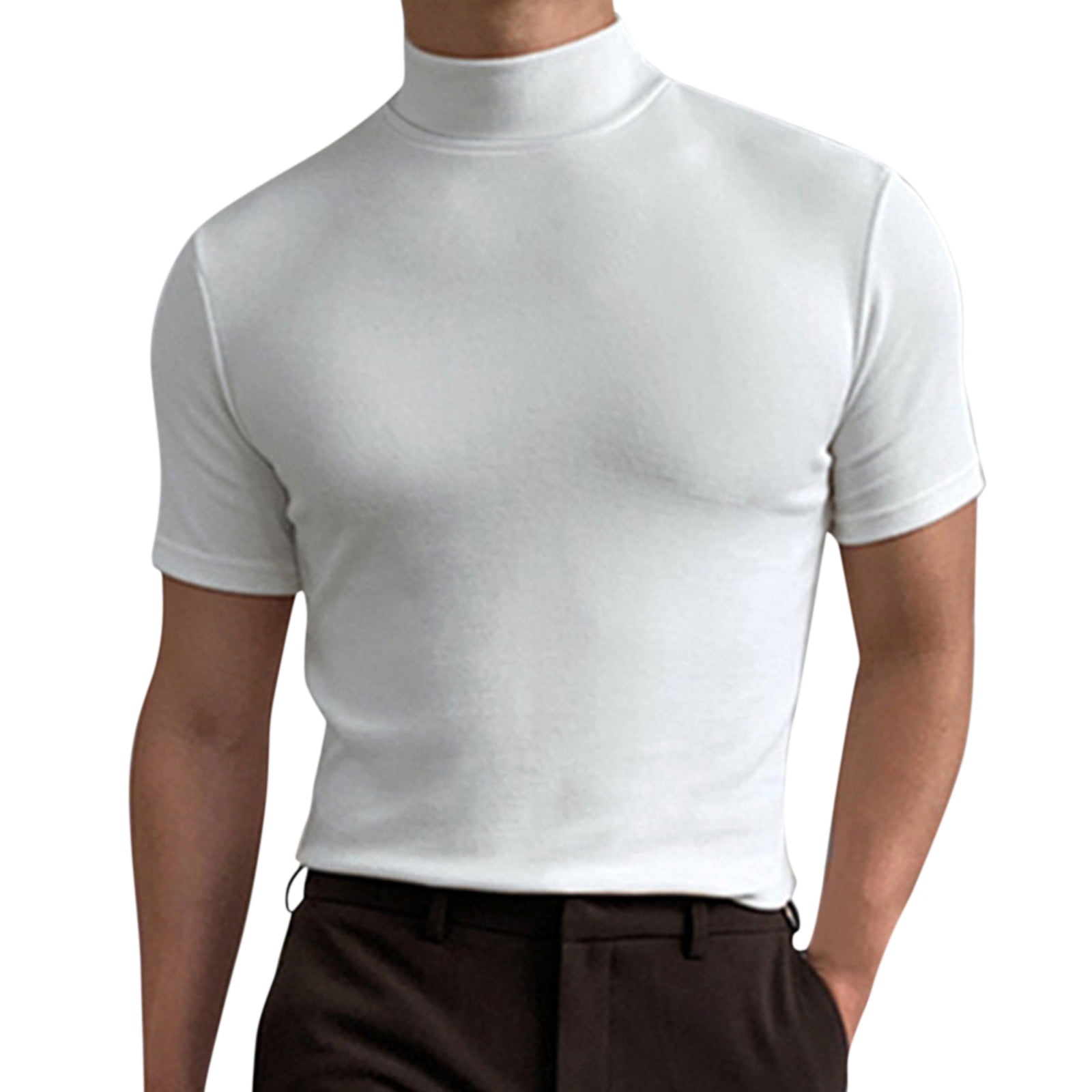 Compression Shirts For Men Summer Solid High Collar Turtleneck Short Sleeve  Blouse White XXXXL