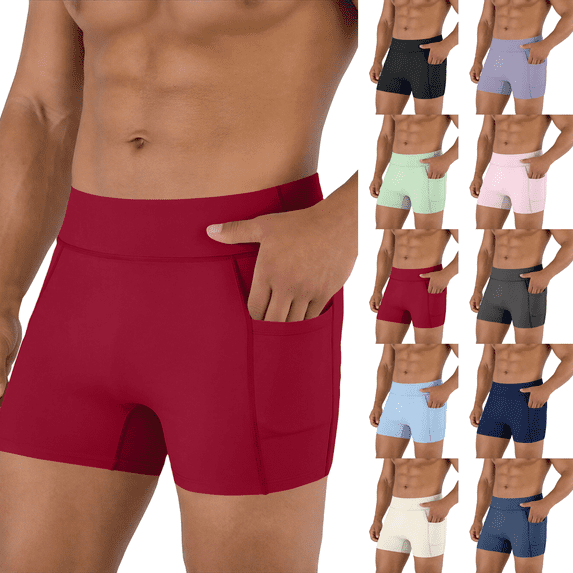 Compression Shorts Men with Pocket Spandex Running Shorts Sport Athletic Workout Performance Underwear Red 2XL