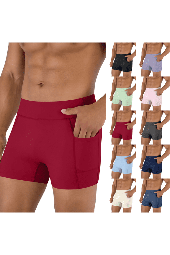 Compression Shorts Men with Pocket Spandex Running Shorts Sport Athletic Workout Performance Underwear Red XL