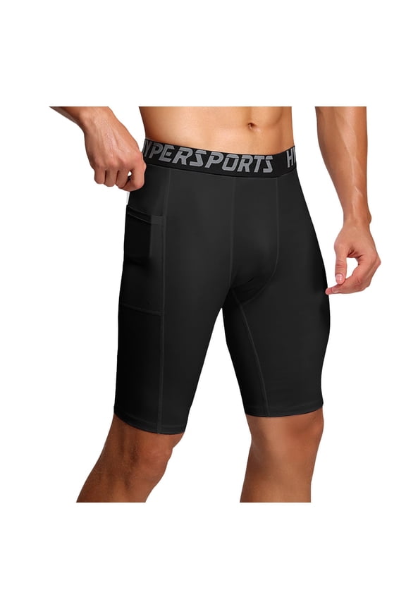 Compression Shorts Men with Pocket Spandex Sports Tights Athletic Performance Gym Workout Running Underwear Black, Size XXL