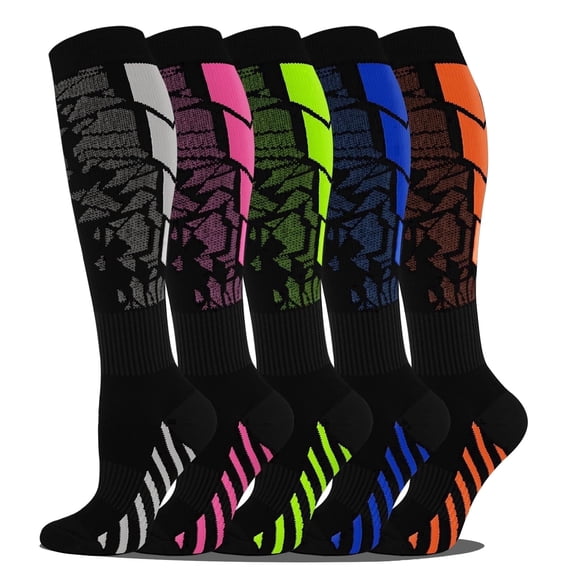 Goldeer Compression Socks 15-20 mmHg Knee High, 5 Pairs Graduated Support for Men & Women, Athletic Running & Everyday Wear, Breathable Nylon Polyester Colorful Sport Design
