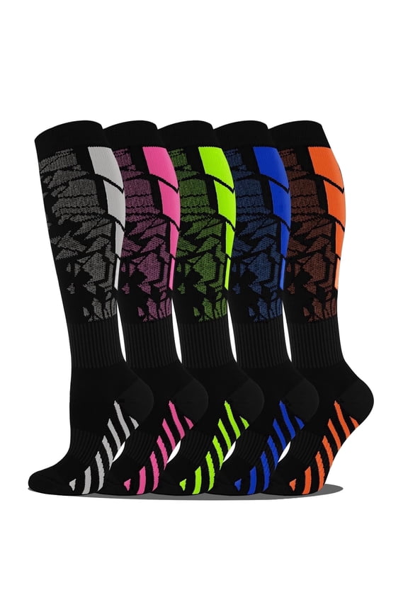 Compression Socks 15-20 mmHg Knee High, 5 Pairs Graduated Support for Men & Women, Athletic Running & Everyday Wear, Breathable Nylon Polyester Colorful Sport Design