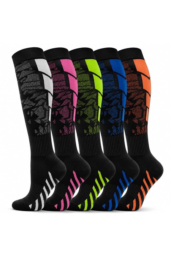 Compression Socks 15-20 mmHg Knee High, 5 Pairs Graduated Support for Men & Women, Athletic Running & Everyday Wear, Breathable Nylon Polyester Colorful Sport Design