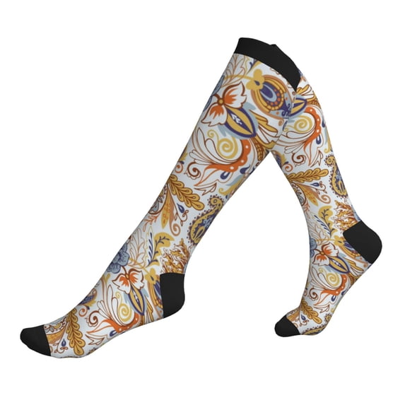 Compression Socks For Women And Men - Blue Yellow Flower Paisley Compression Socks Circulation For Workout