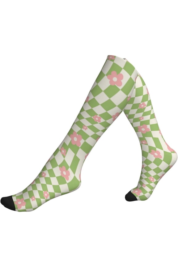 Compression Socks For Women Green Pink Checkered Floral Knee High Stockings For Running Sports Travel