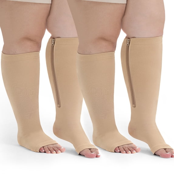 Compression Socks for Women: AMITOFO Open Toe Compression Socks for Women Men 20 30 mmHg with Zipper - Toeless Compression Socks Wide Calf Plus Size Improves Blood Circulation Relieves Swell, 2XL