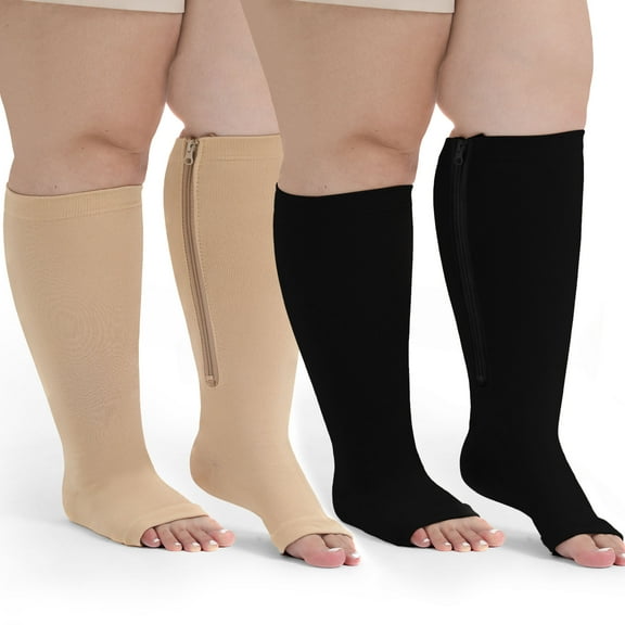 Compression Socks for Women: AMITOFO Open Toe Compression Socks for Women Men 20 30 mmHg with Zipper - Toeless Compression Socks Wide Calf Plus Size Improves Blood Circulation Relieves Swell, 2XL
