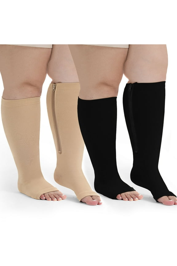Compression Socks for Women: AMITOFO Open Toe Compression Socks for Women Men 20 30 mmHg with Zipper - Toeless Compression Socks Wide Calf Plus Size Improves Blood Circulation Relieves Swell, 2XL