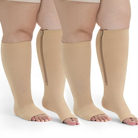 Compression Socks for Women: AMITOFO Open Toe Compression Socks for Women Men 20 30 mmHg with Zipper - Toeless Compression Socks Wide Calf Plus Size Improves Blood Circulation Relieves Swell, 3XL