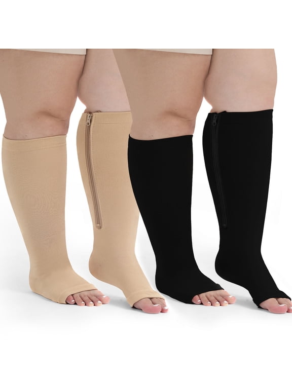 Compression Socks for Women: AMITOFO Open Toe Compression Socks for Women Men 20 30 mmHg with Zipper - Toeless Compression Socks Wide Calf Plus Size Improves Blood Circulation Relieves Swell, 2XL