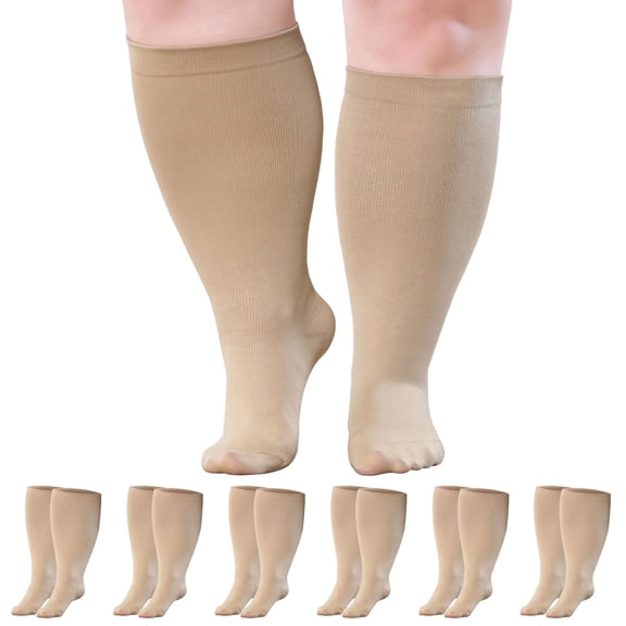 Compression Socks for Women, AMITOFO Wide Calf 6 Pairs Men Women Circulation 20-30mmHg Plus Size Knee High Support Stockings | Circulation | Nurses | Running | Travel,Beige 4XL