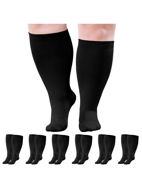 Compression Socks for Women, AMITOFO Wide Calf 6 Pairs Men Women Circulation 20-30mmHg Plus Size Knee High Support Stockings | Circulation | Nurses | Running | Travel,Black 3XL
