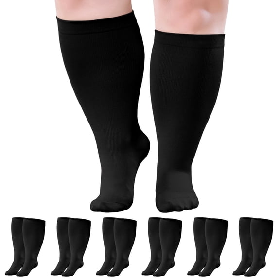 Compression Socks for Women, AMITOFO Wide Calf 6 Pairs Men Women Circulation 20-30mmHg Plus Size Knee High Support Stockings | Circulation | Nurses | Running | Travel,Black 3XL