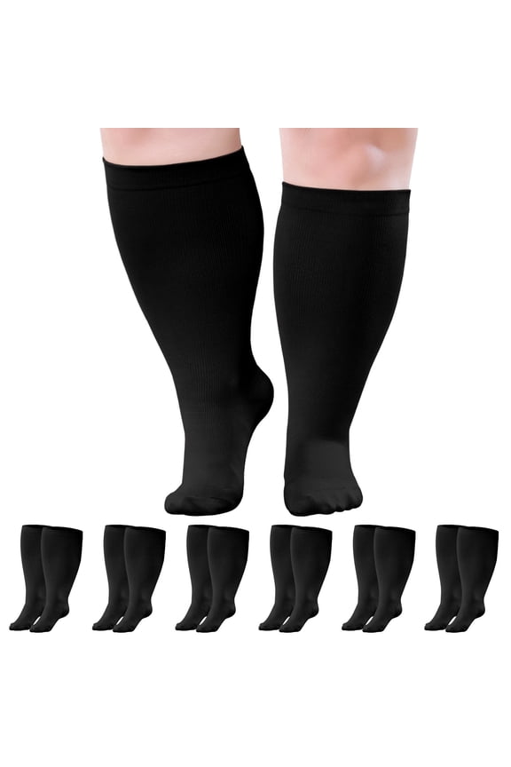 Compression Socks for Women, AMITOFO Wide Calf 6 Pairs Men Women Circulation 20-30mmHg Plus Size Knee High Support Stockings | Circulation | Nurses | Running | Travel,Black 3XL