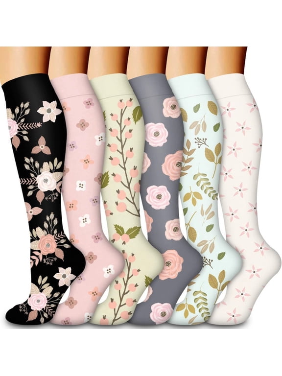 Compression Socks for Women, Happiwiz 6-Pair 20 - 30 mmHg Compression Socks for Men with Floral Design - Graduated Compression for Circulation, Ideal for Running and Athletic Sports