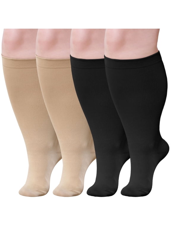Compression Socks for Women, LOFIR 2 Pairs Compression Socks for Women Pregnancy Wide Calf 20-30 mmHg Knee High Plus Size Compression Stockings for Men and Women Maternity Flying Travel- 2XL
