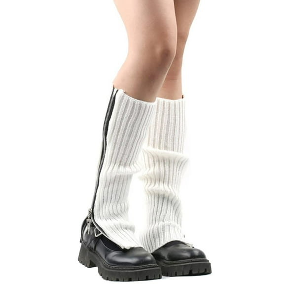 Compression Socks for Women Women's Gothic Punk Ribbed Knitted Leg Side Zip Up Solid Colour Boot Socks Student Knee High Foot Cover Thigh High Stockings White A